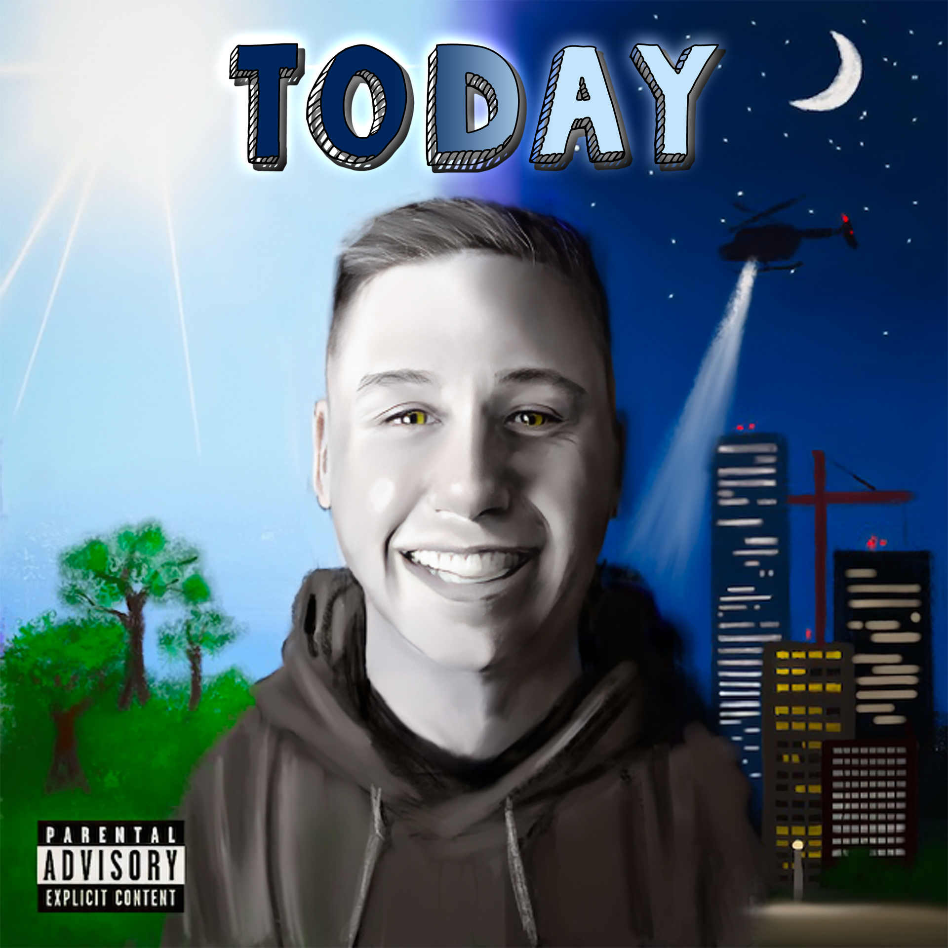 An oil painting of ILLiam in front of a half day/half night, half organic/half urban landscape. The word