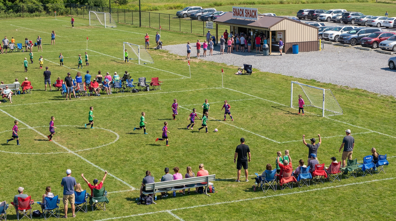 Youth soccer game on a grassy field with players, spectators on benches, and a small building nearby