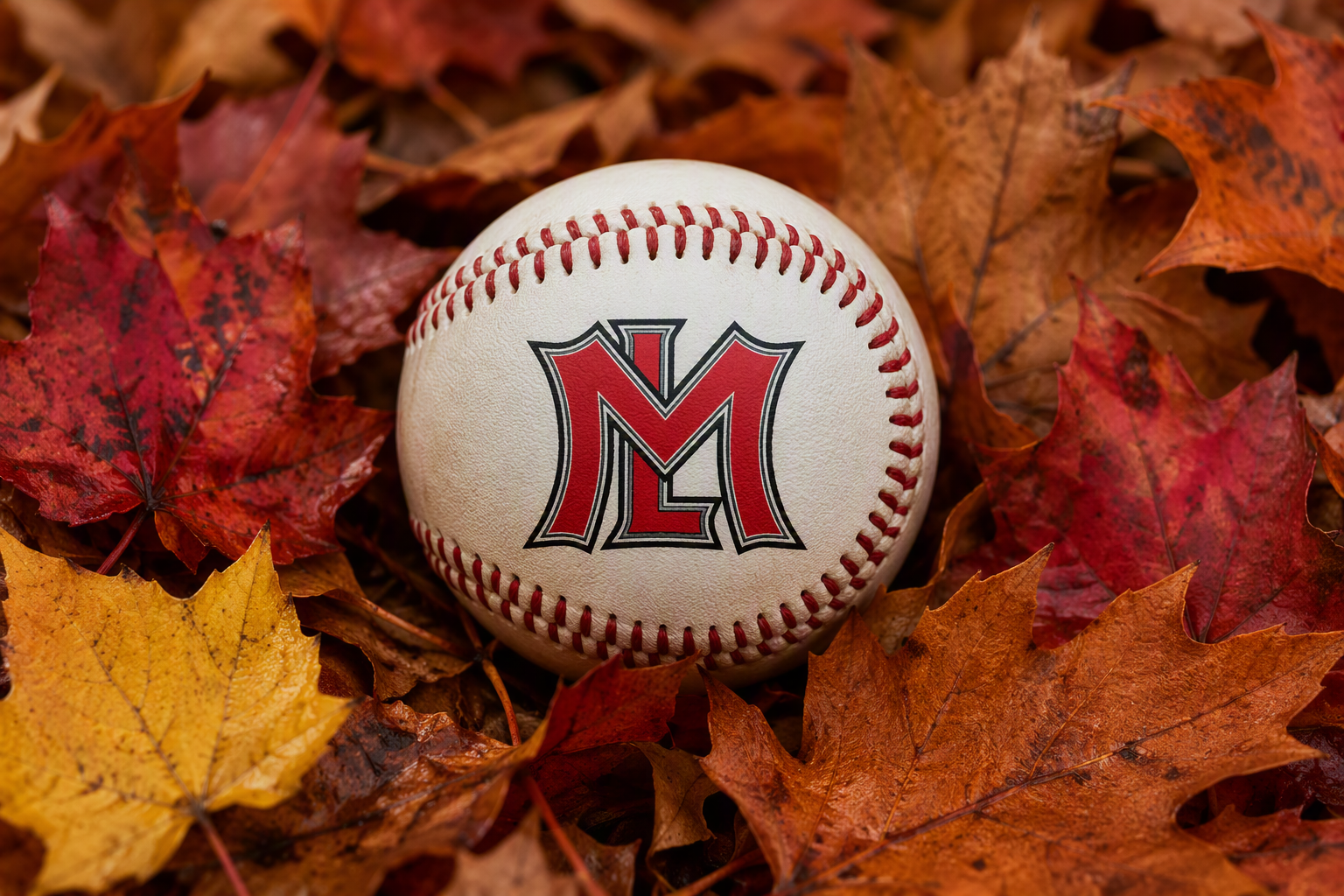 Baseball with M logo beside “SPRING REGISTRATION OPEN” text on a dirt field background