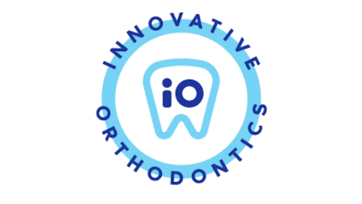Blue and white Innovative Orthodontics logo with a tooth and “iO” in the center