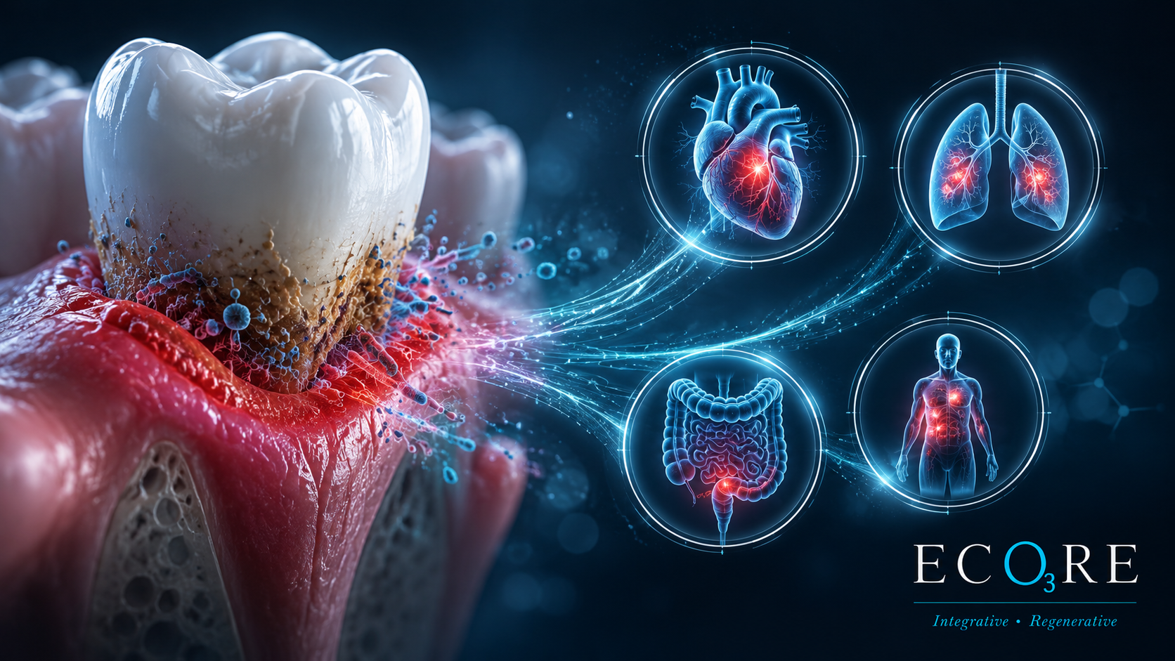 Medical illustration of a tooth with inflamed gums and lung-health icons on a blue background