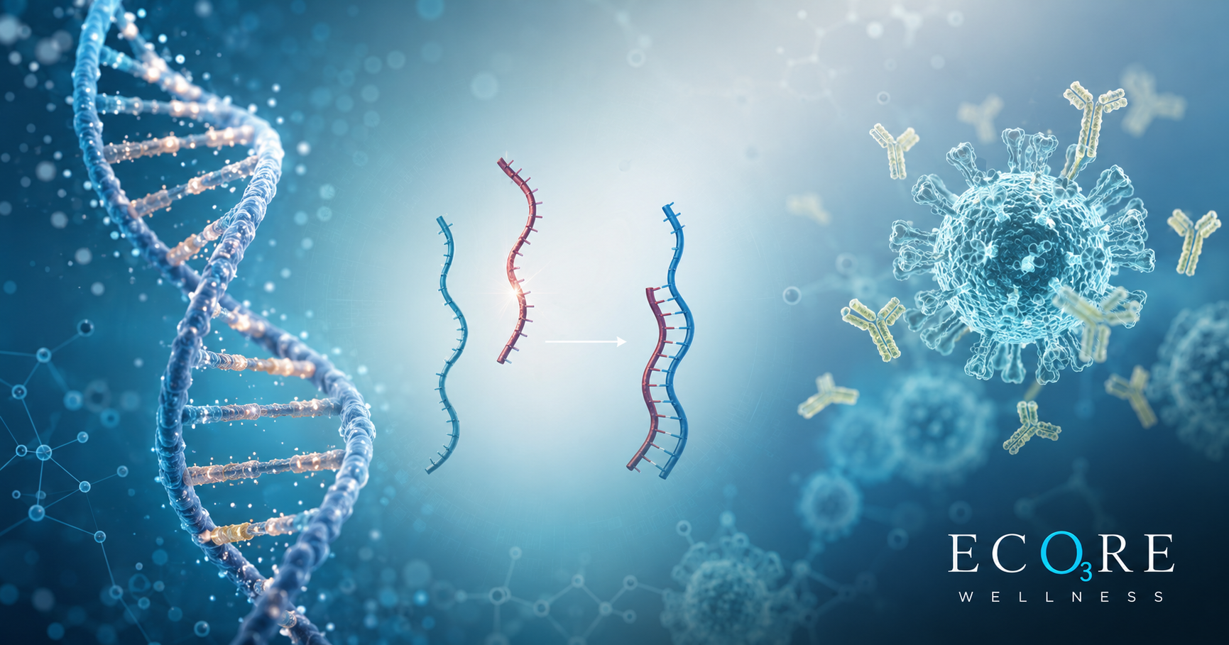 Blue DNA strands and floating molecules in a scientific molecular background with ECOR branding