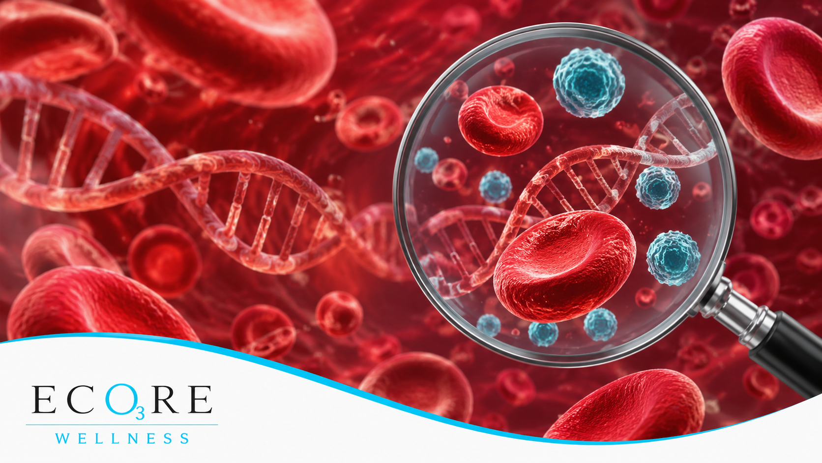 Red blood cells with magnified virus particles and ECORE Wellness logo