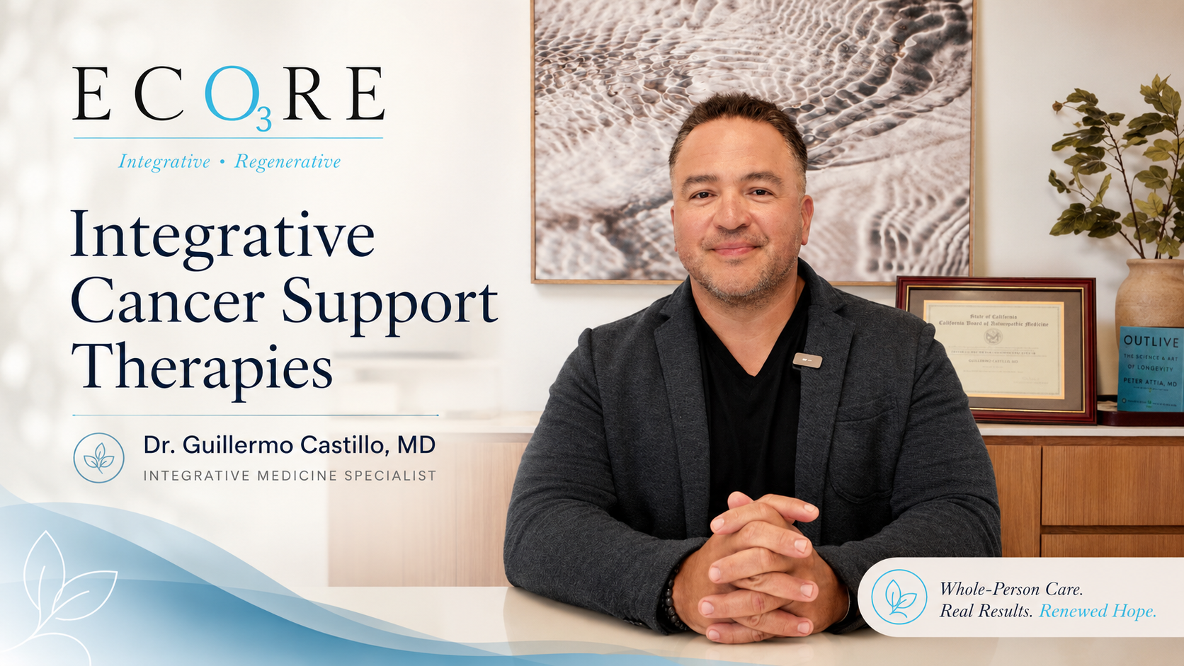 ECORE Integrative Cancer Support Therapies banner with a man seated in an office setting