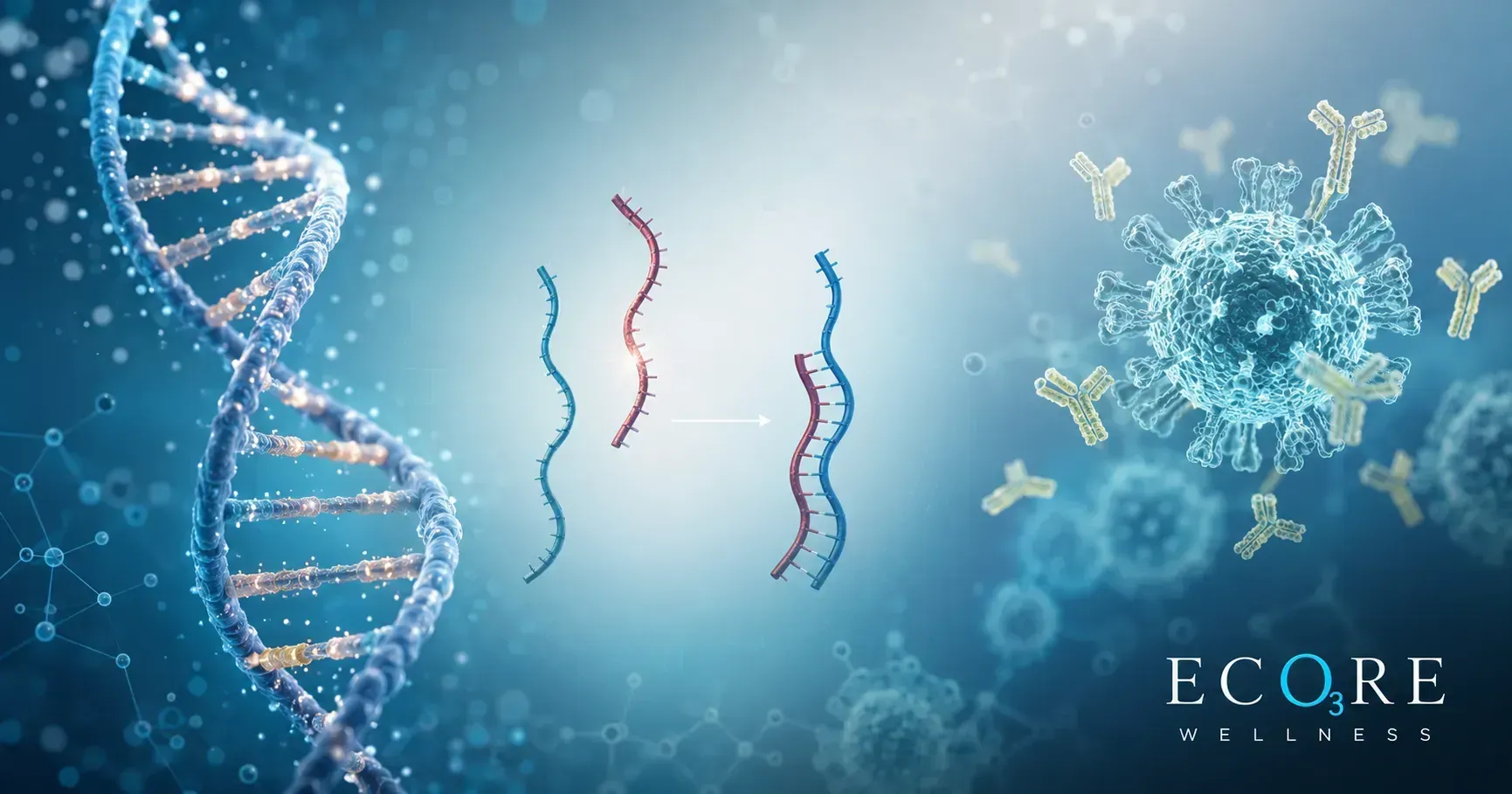 Blue DNA strands and floating molecules in a scientific molecular background with ECOR branding
