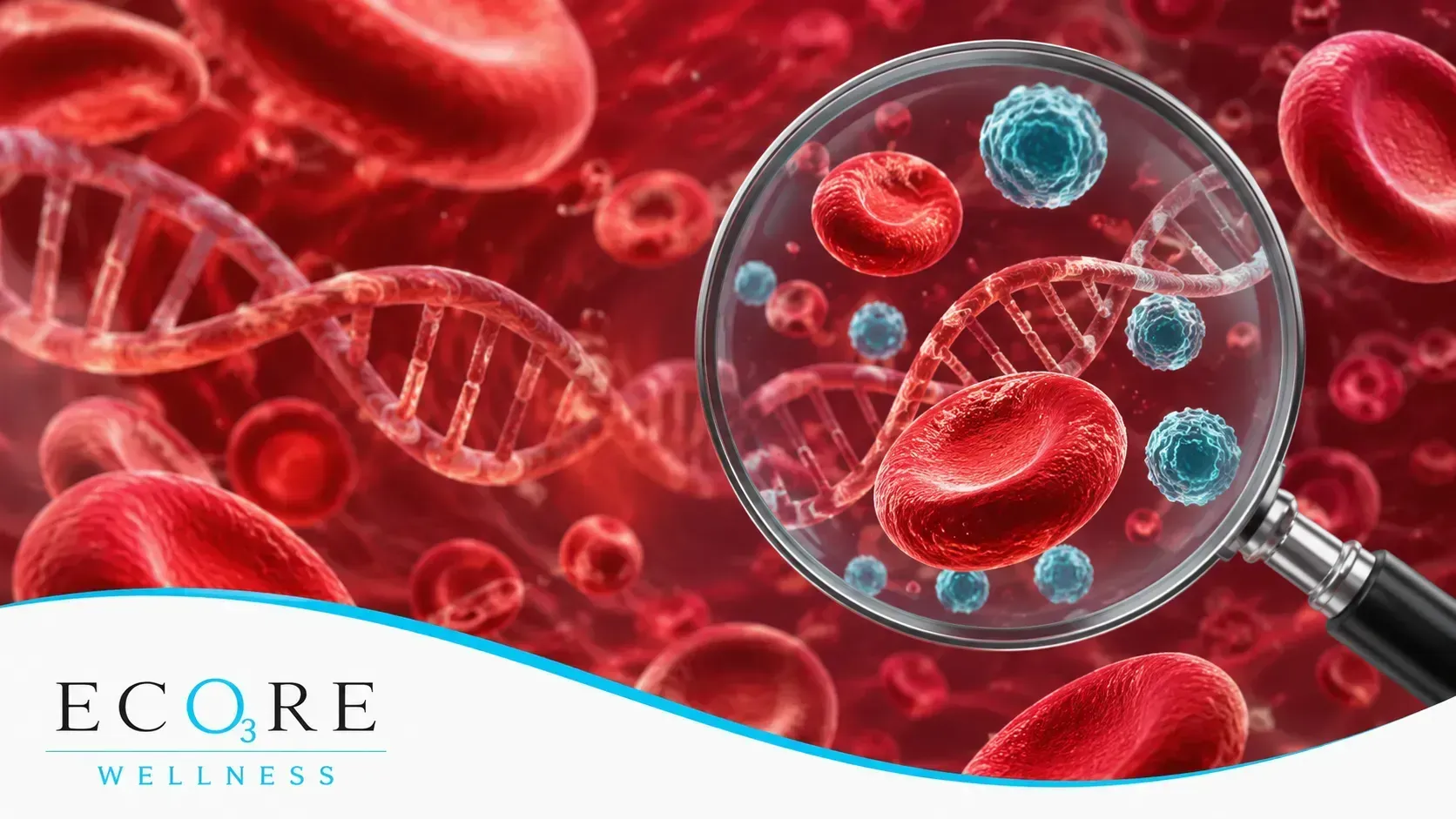 Red blood cells with magnified virus particles and ECORE Wellness logo