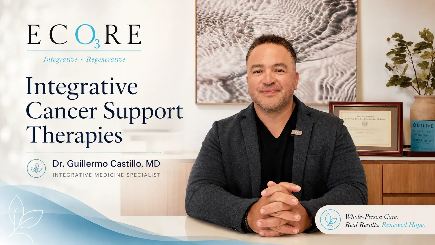 ECORE Integrative Cancer Support Therapies banner with a man seated in an office setting