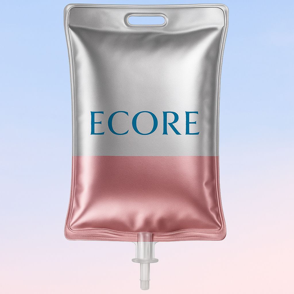 Silver and pink hanging IV bag with ECORE label on a light blue background
