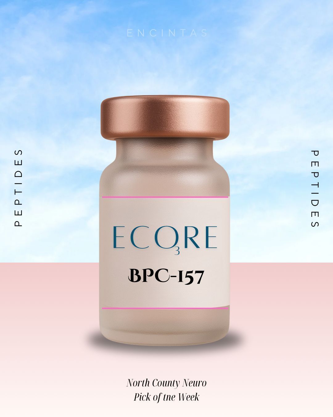Bottle labeled “ECORE BPC-157” on a pastel sky and pink background.