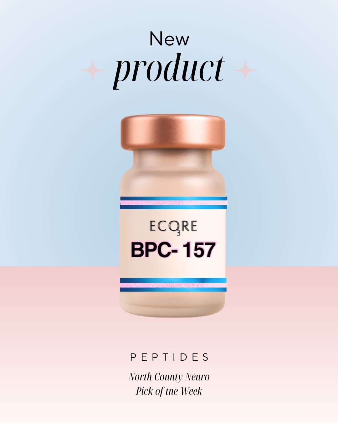 Promotional graphic of an ECQRE BPC-157 peptide bottle on a blue-to-pink gradient background.