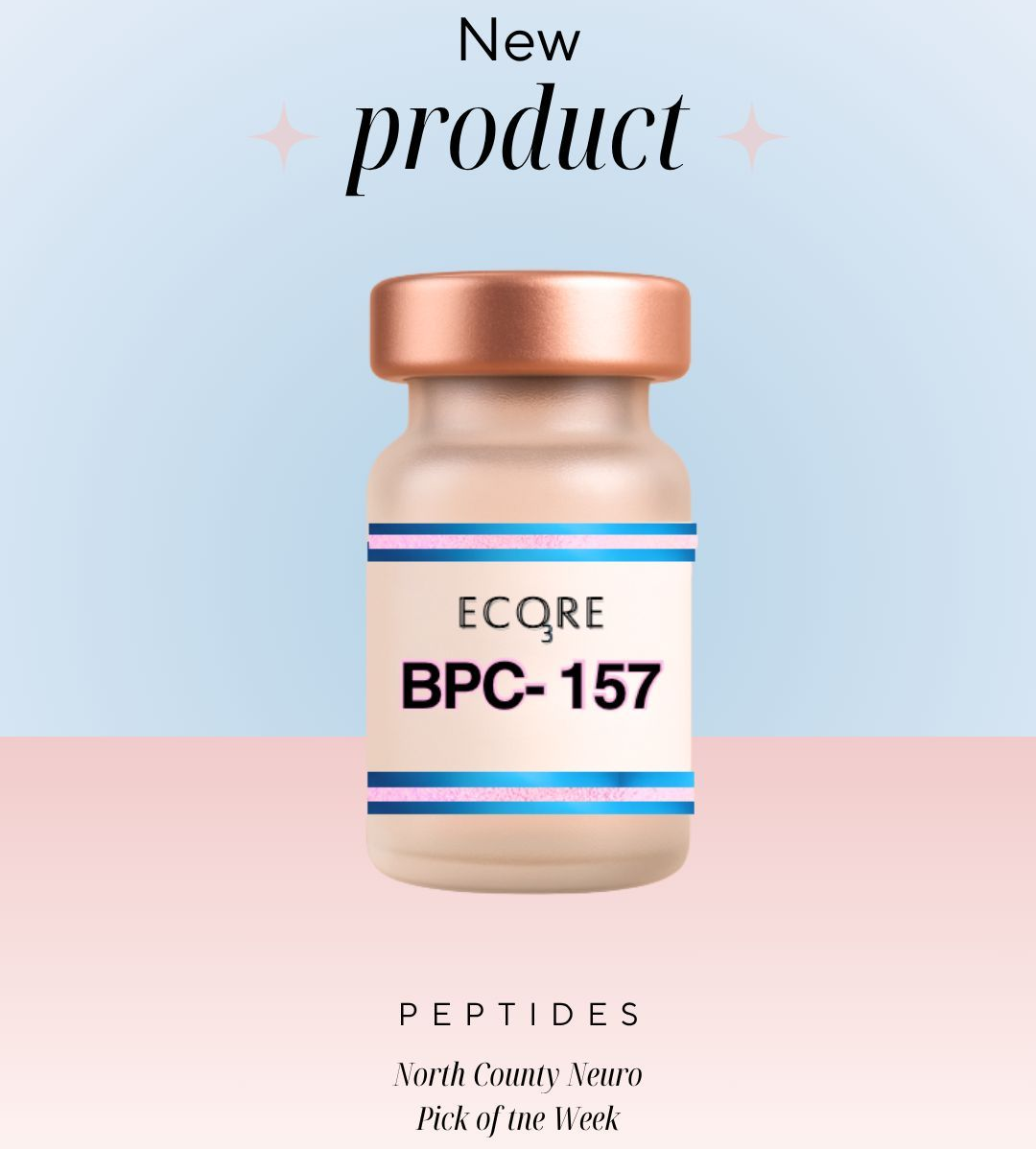 Promotional graphic of an ECQRE BPC-157 peptide bottle on a blue-to-pink gradient background.