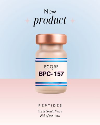 Promotional graphic of an ECQRE BPC-157 peptide bottle on a blue-to-pink gradient background.