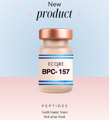 Promotional graphic of an ECQRE BPC-157 peptide bottle on a blue-to-pink gradient background.