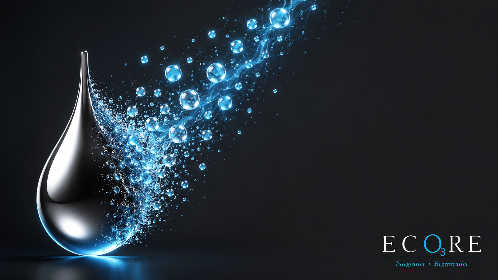 Glossy silver droplet with blue sparkling particles arcing across a dark background, ECORE logo at bottom right