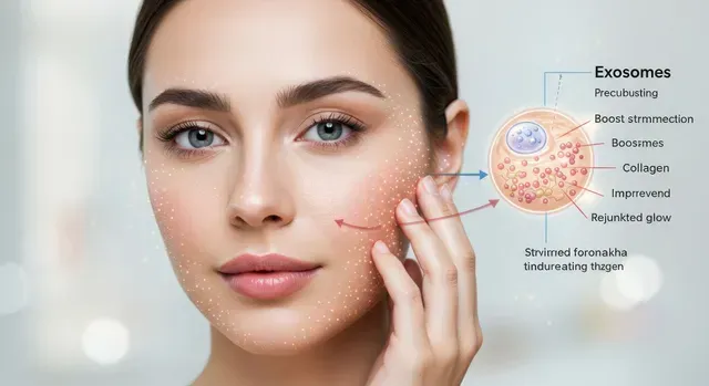 Woman applying skincare serum beside exosome diagram and cell illustration