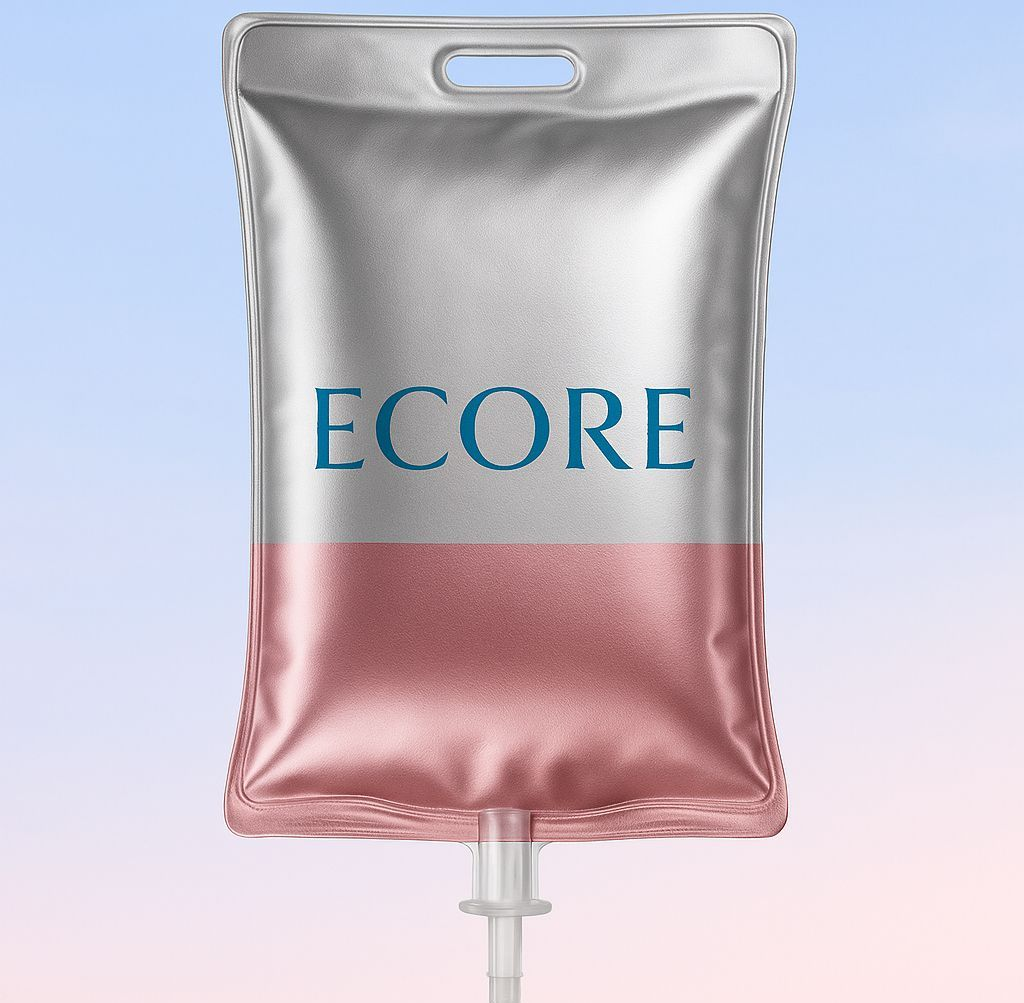 Clear IV bag with blue fluid hanging in a medical setting, with tubing and drip chamber visible