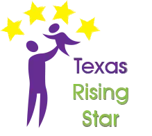 Texas Rising Star logo with purple adult and child under yellow stars
