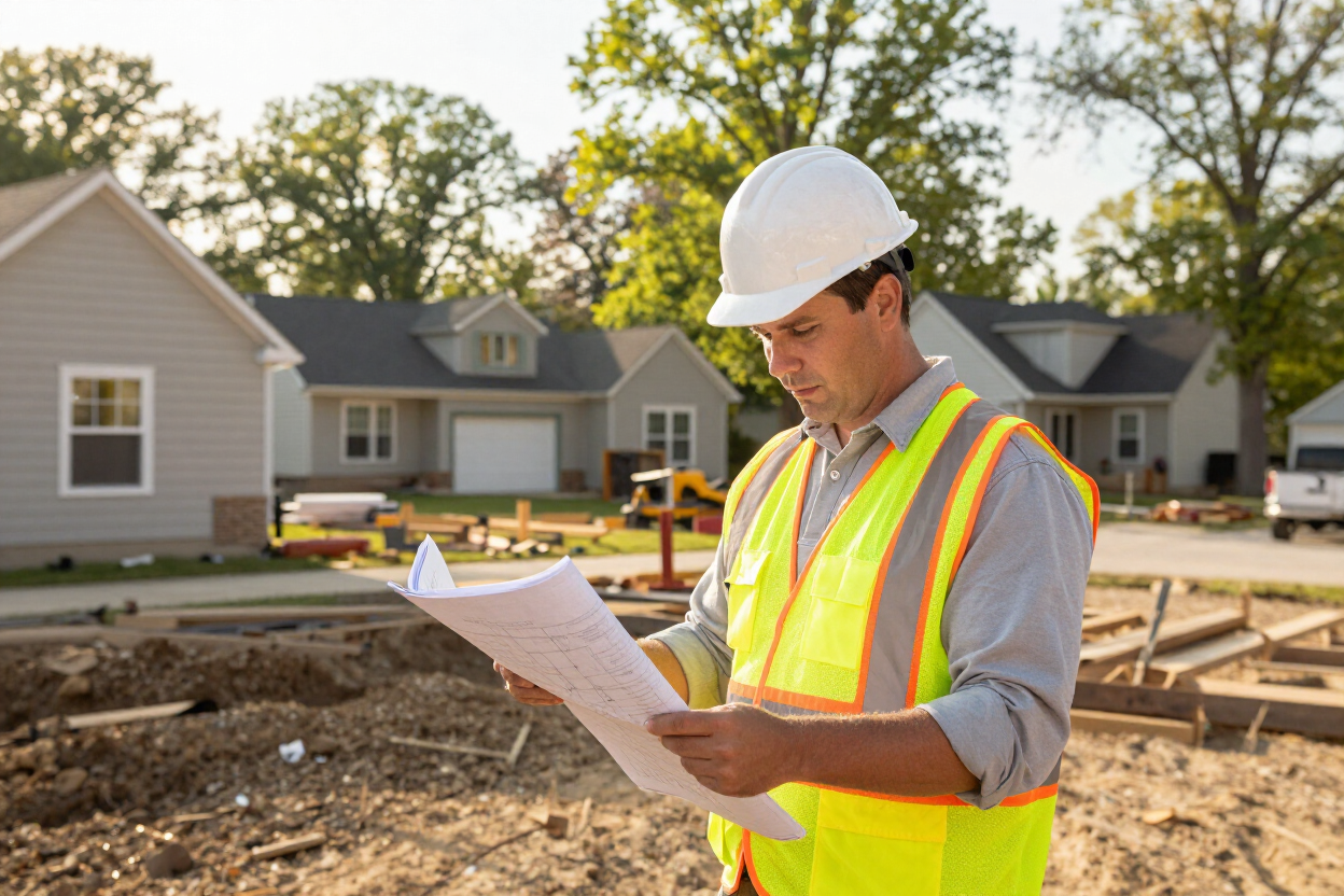 Construction worker in hard hat and safety vest reviewing plans at a suburban building site