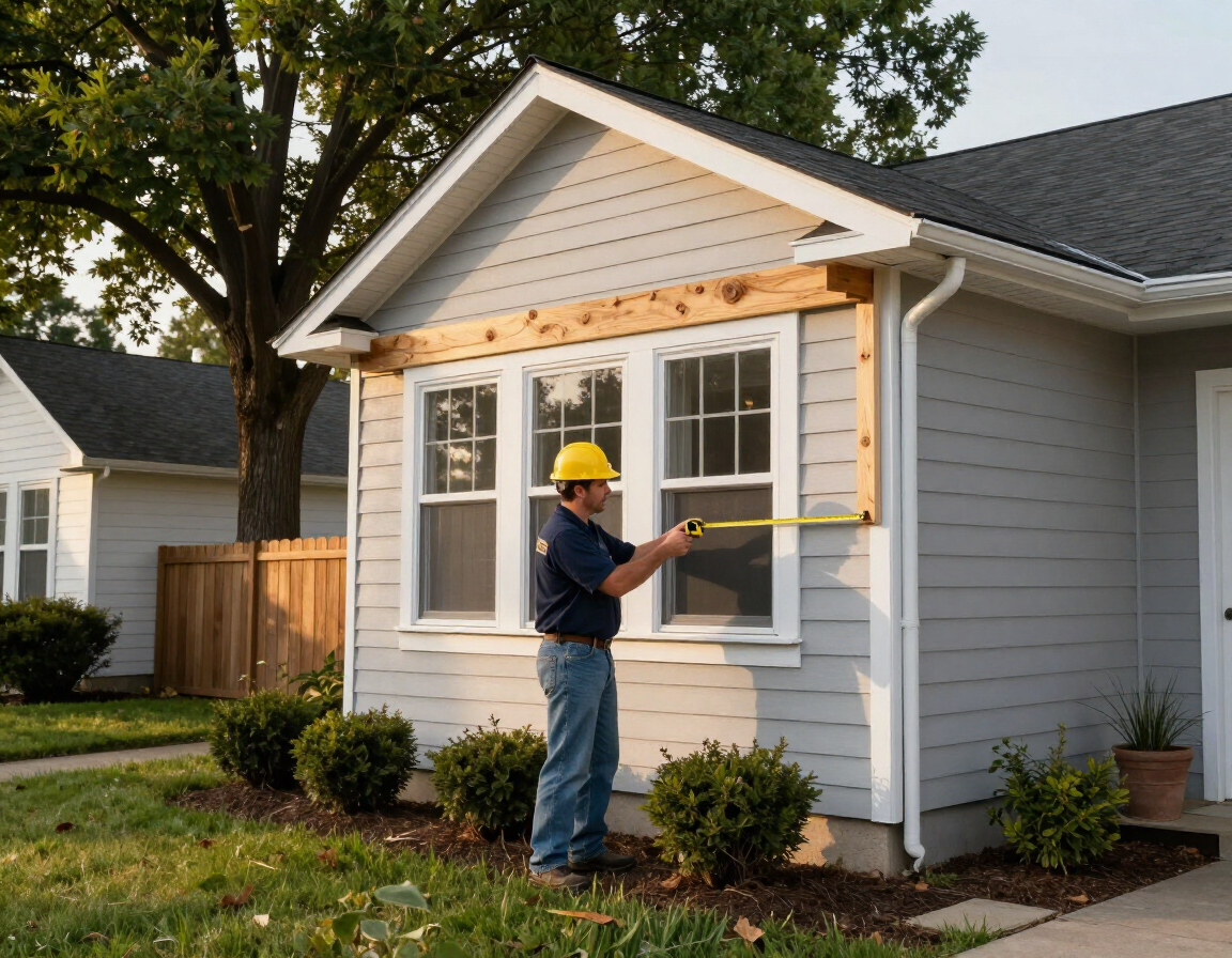 Worker measuring a house exterior window with a tape measure near white siding and shrubs