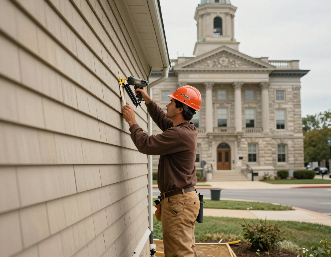 Worker using a nail gun to install siding on a house exterior, with a courthouse in the background