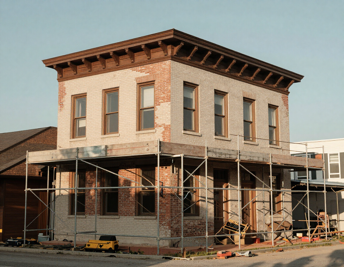 Two-story brick building under construction with scaffolding around the exterior.