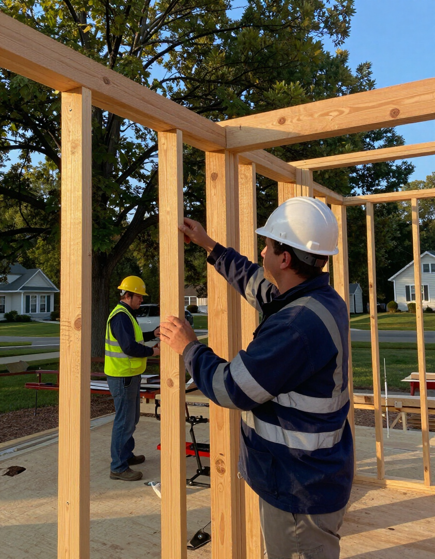 Construction workers framing a wooden structure at a building site, wearing hard hats and safety vests.