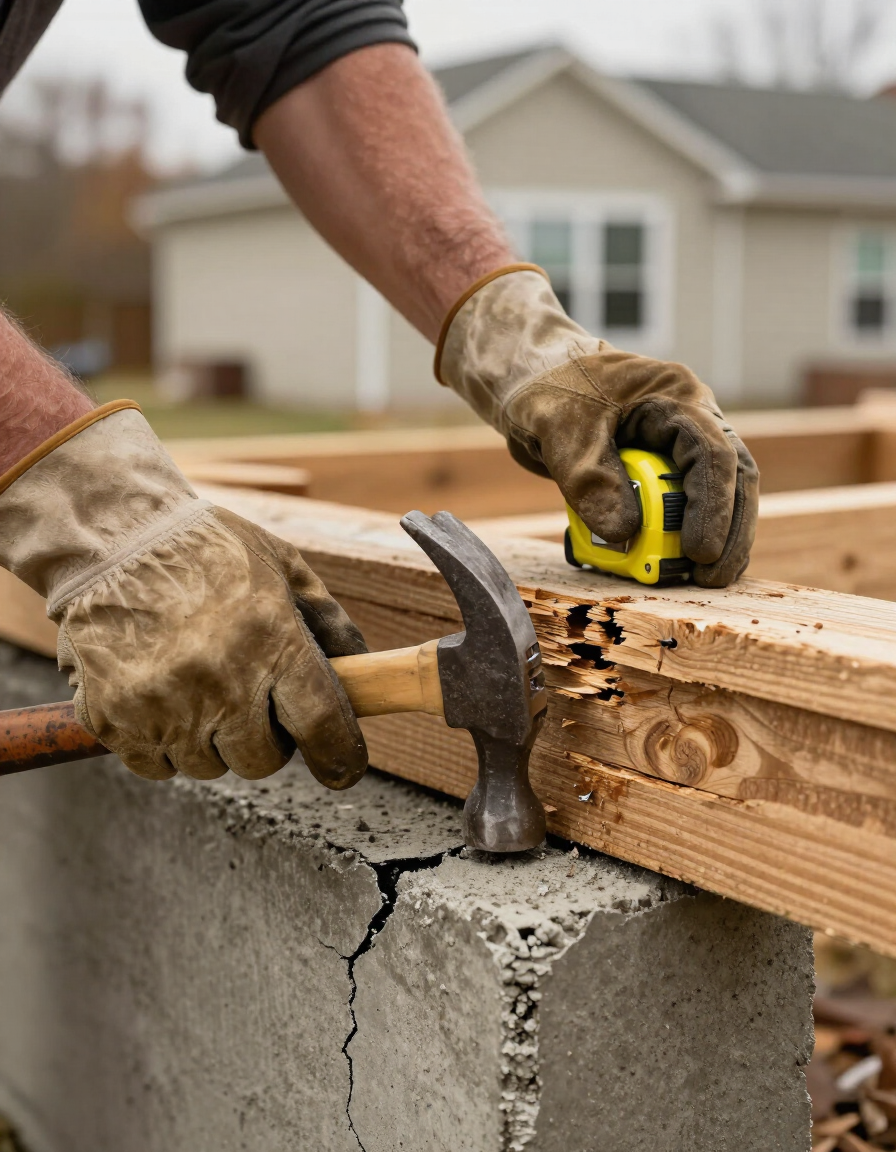 Gloved hands hammer and measure lumber on a concrete foundation at a house build site