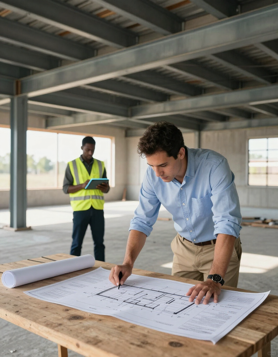 Two workers reviewing blueprints at a construction site, one leaning over a table and pointing.