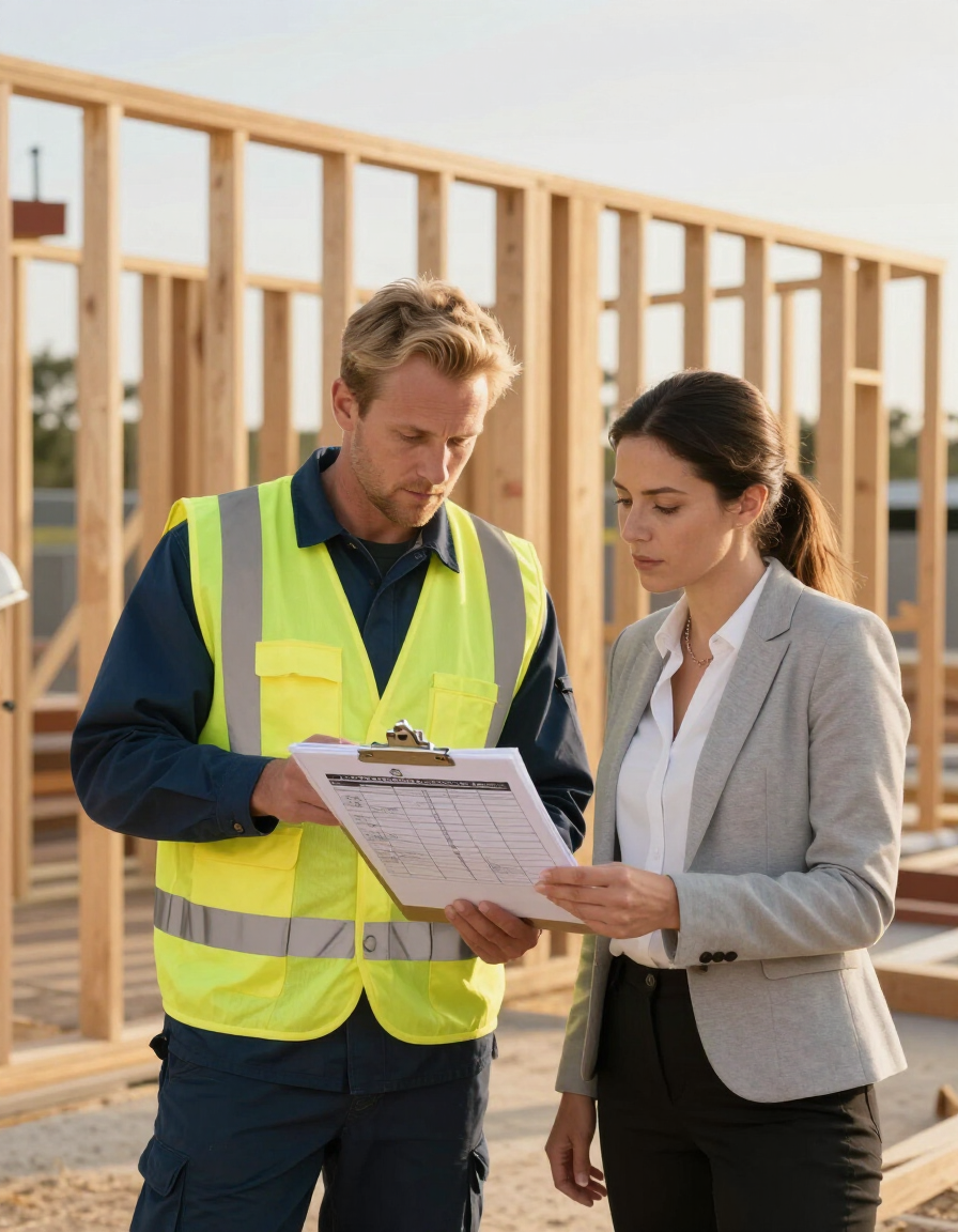 Two construction workers reviewing plans at a framed building site, one in a yellow safety vest.