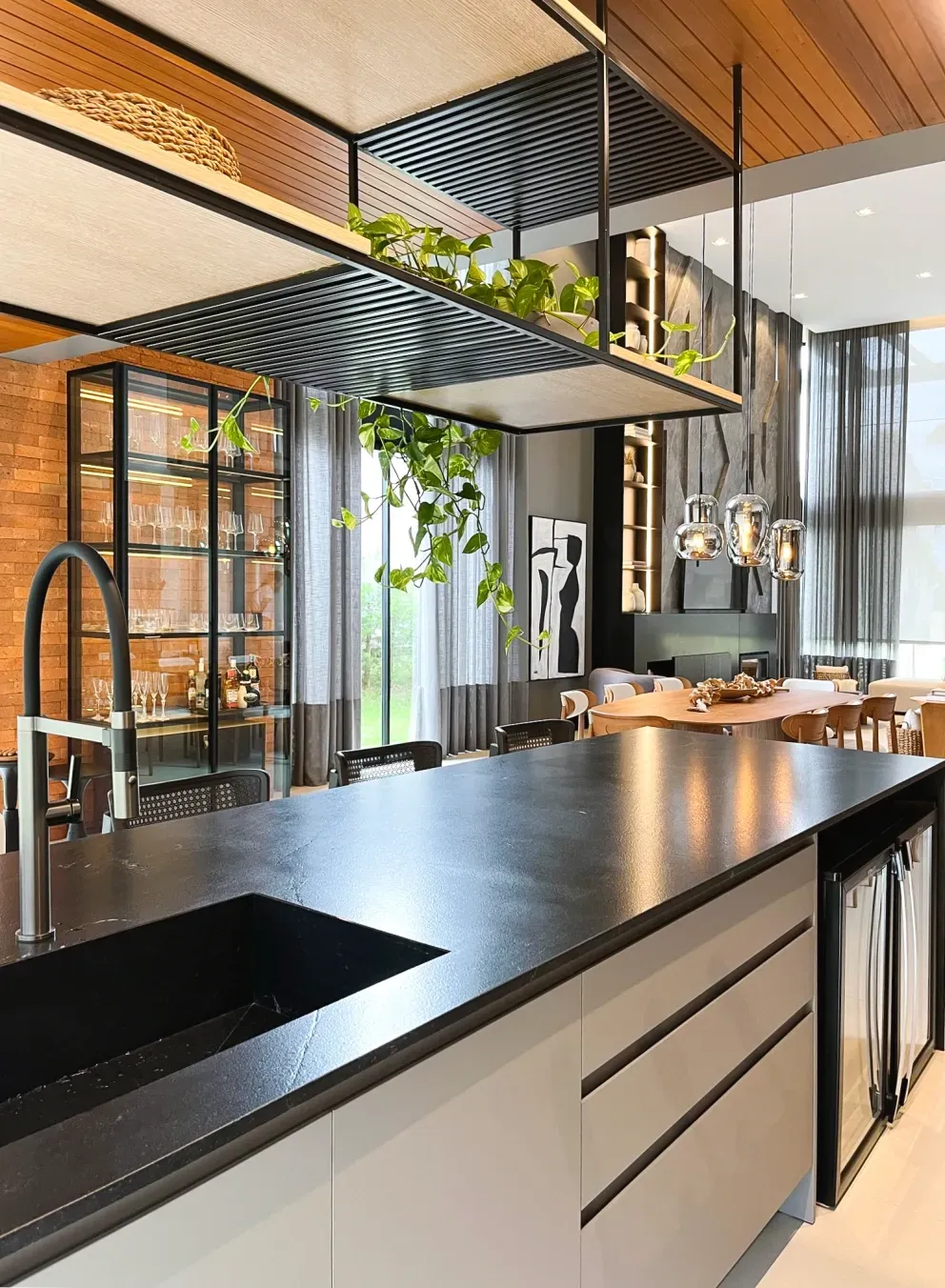 Cozinha moderna com bancada escura, plantas suspensas e estante de metal preta.