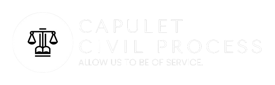A logo for a civil process company with a scale of justice on it.