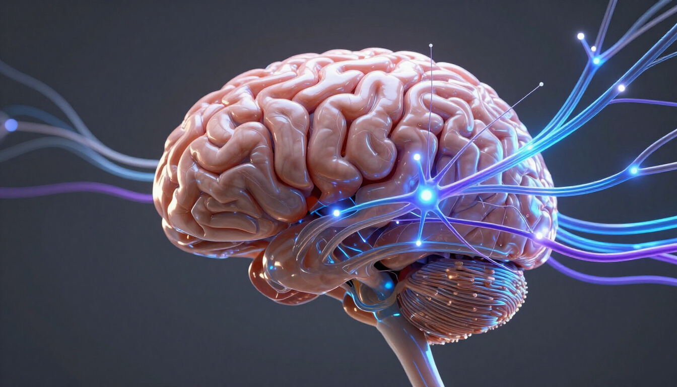 3D illustration of a human brain with glowing blue neural connections on a dark background