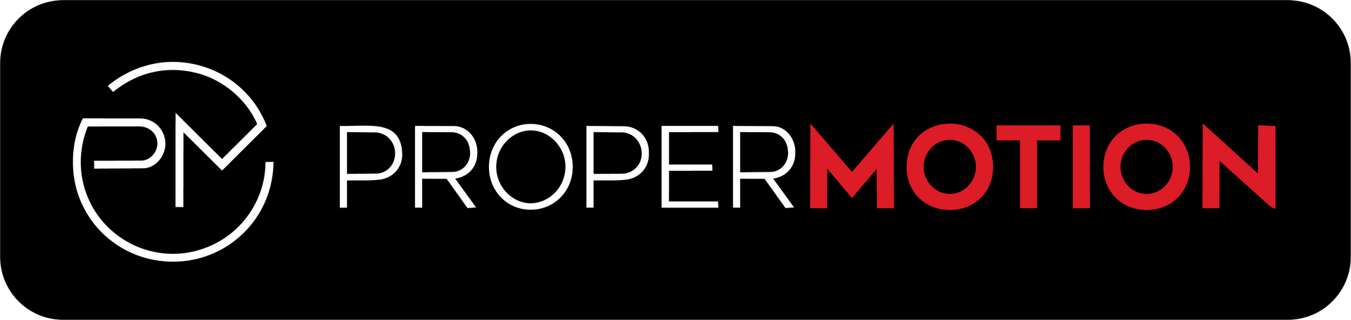 ProperMotion logo with a white circular “PM” mark and “PROPER” in white, “MOTION” in red on a black background