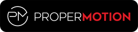 ProperMotion logo with a white circular “PM” mark and “PROPER” in white, “MOTION” in red on a black background