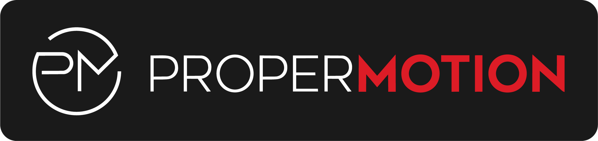 ProperMotion logo on black background, white circular PM icon and white/red wordmark