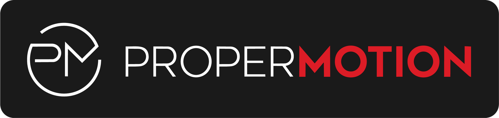 ProperMotion logo on black background, white circular PM icon and white/red wordmark