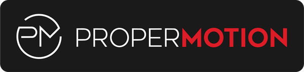 ProperMotion logo on black background, white circular PM icon and white/red wordmark
