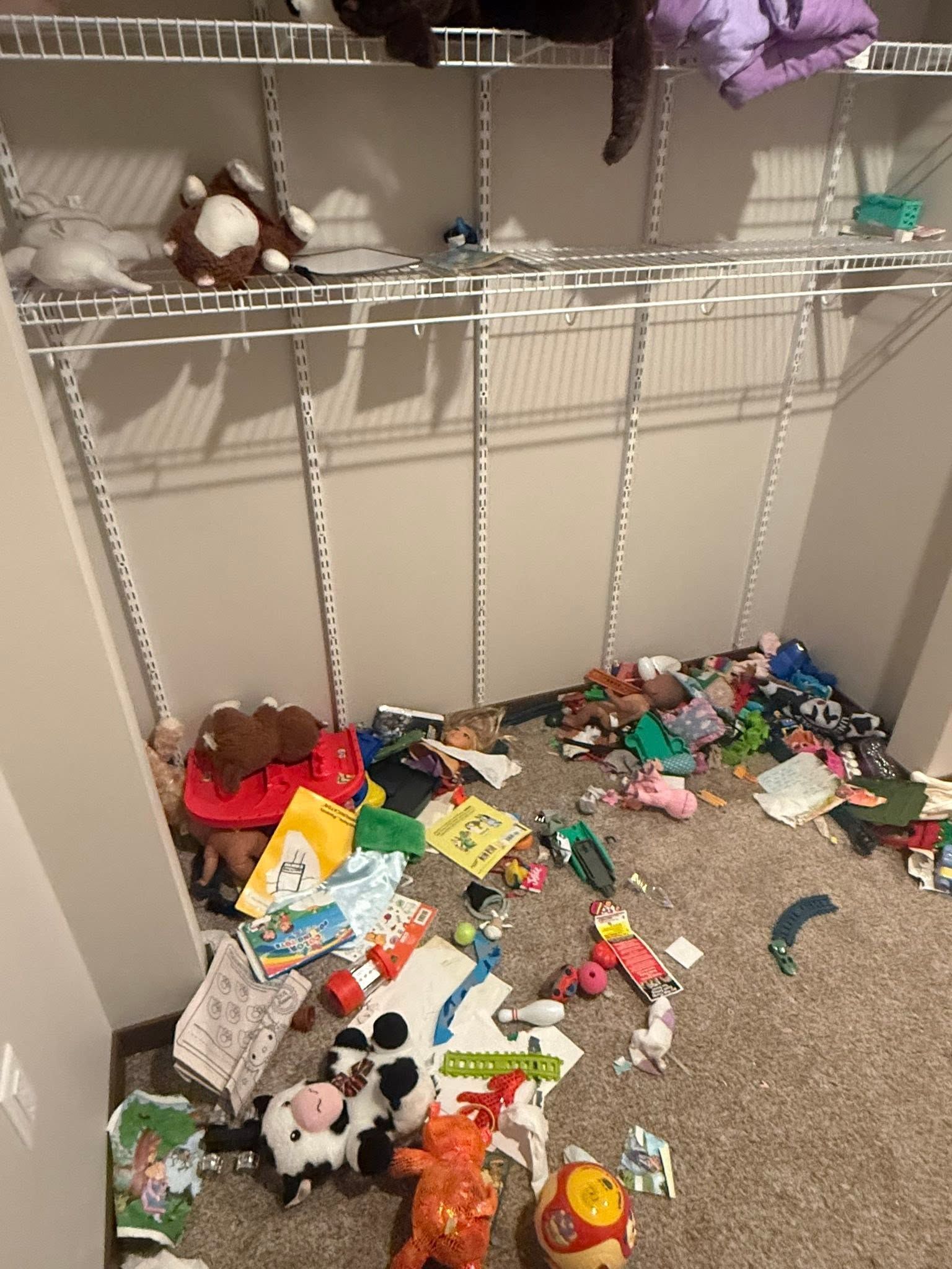 Messy closet floor with scattered toys and stuffed animals under white wire shelves
