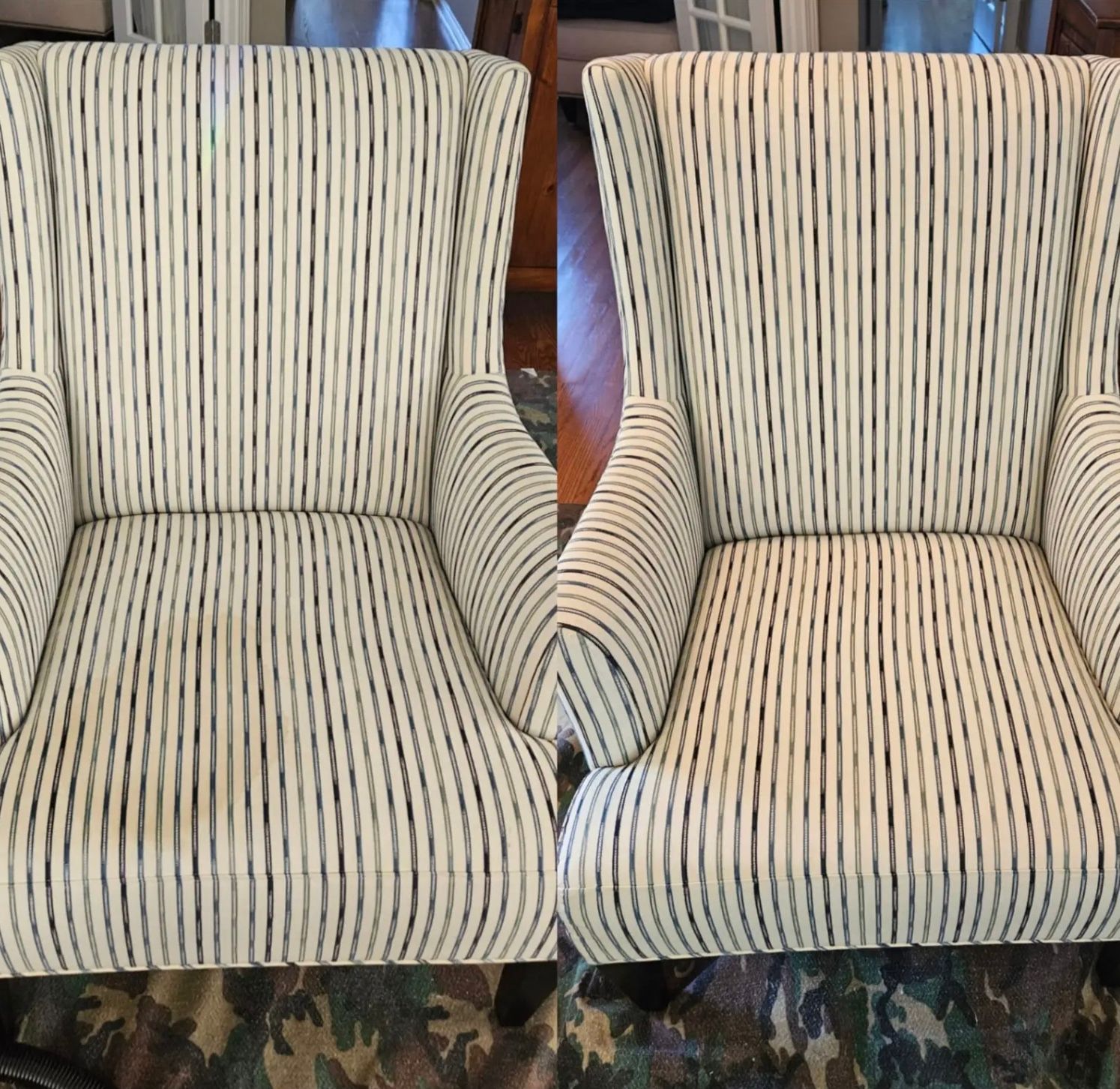 Two striped armchairs side by side, cream and black.