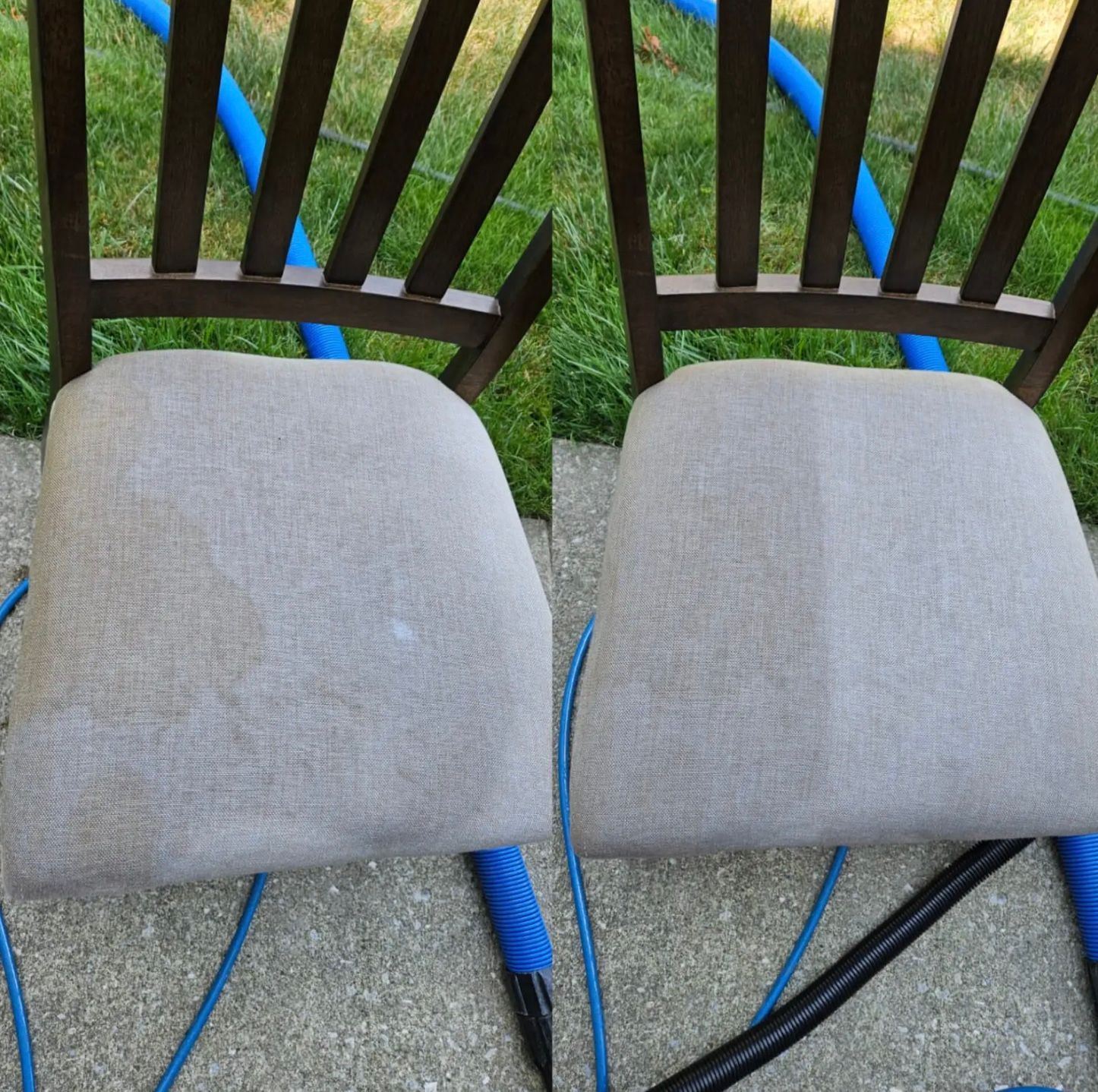 Chair seat before and after cleaning. Light tan fabric visibly cleaner on the right side. Blue hose present.