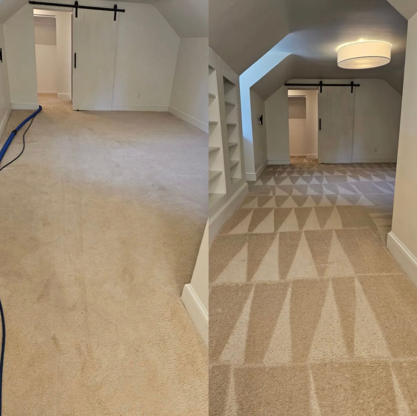 Before-and-after of carpet cleaning. Tan carpet cleaned with a geometric pattern in a room with a closet and built-in shelving.