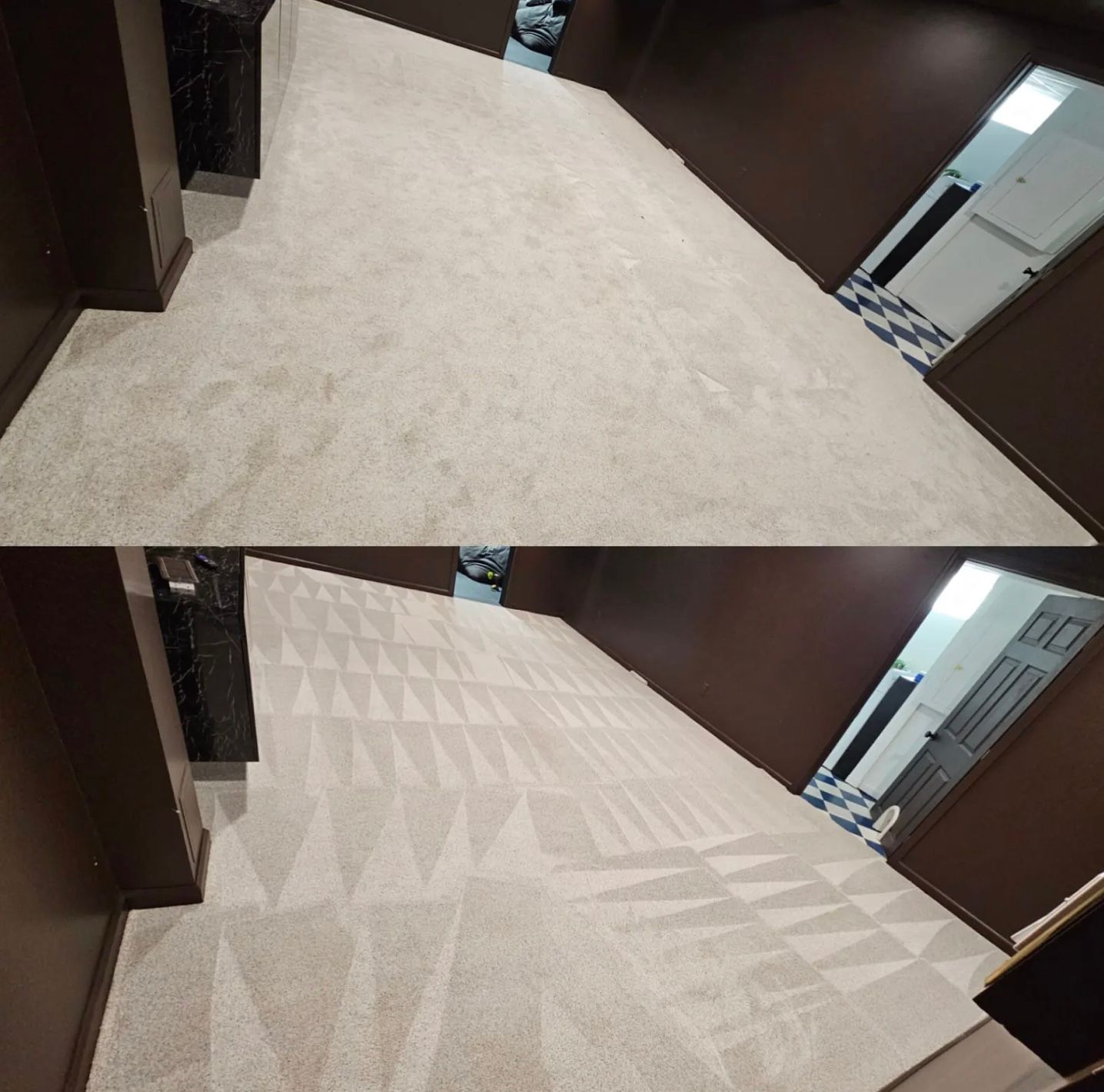 Carpet cleaning before and after, light gray carpet. Top: dirty; bottom: clean with triangle pattern.