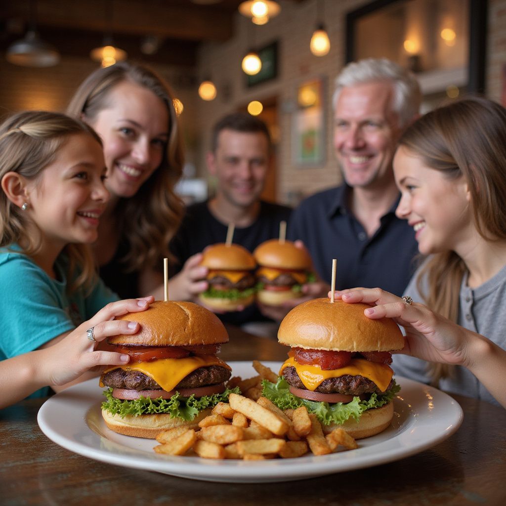 Family smiles while holding burgers at a restaurant; fries on plate.