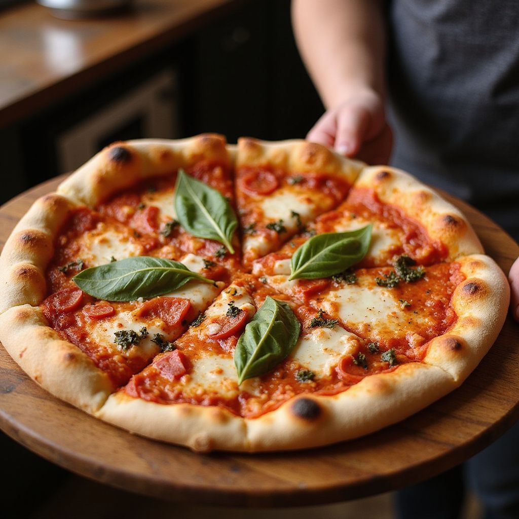 Pizza on a wooden board, held by a person. Toppings include basil and mozzarella.