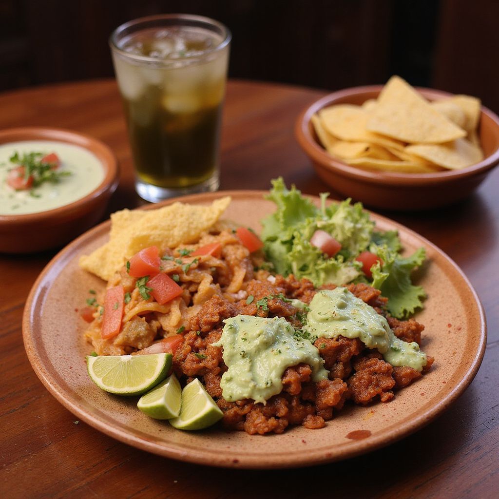 Plate of Mexican food with guacamole, chips, and a drink.
