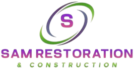 Sam Restoration & Construction logo with purple and green swoosh around an “S” icon