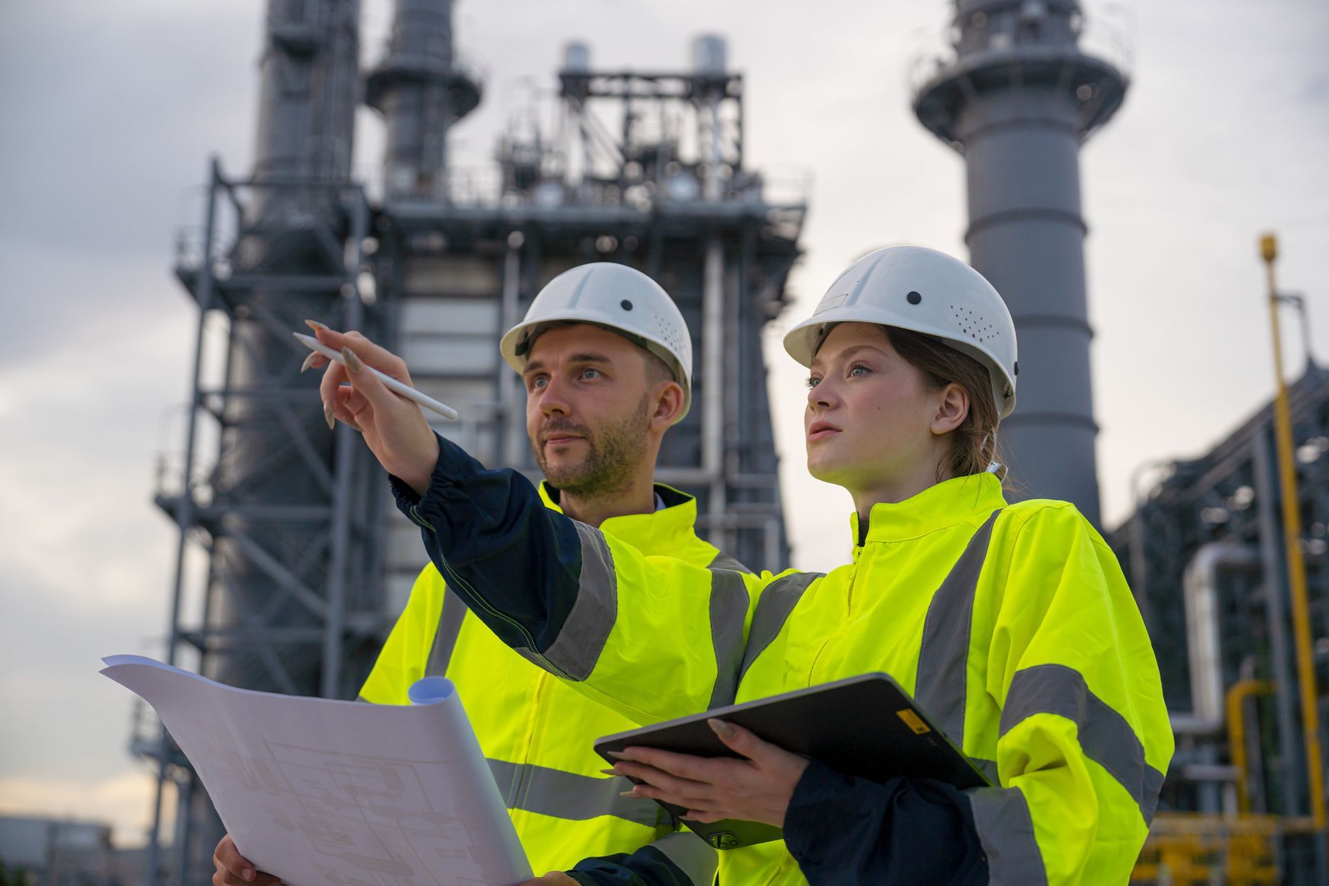 Commercial electric contractor team inspects industrial plant with plans and tablet in hand. Commercial electric contractor team inspects industrial plant with plans and tablet in hand.