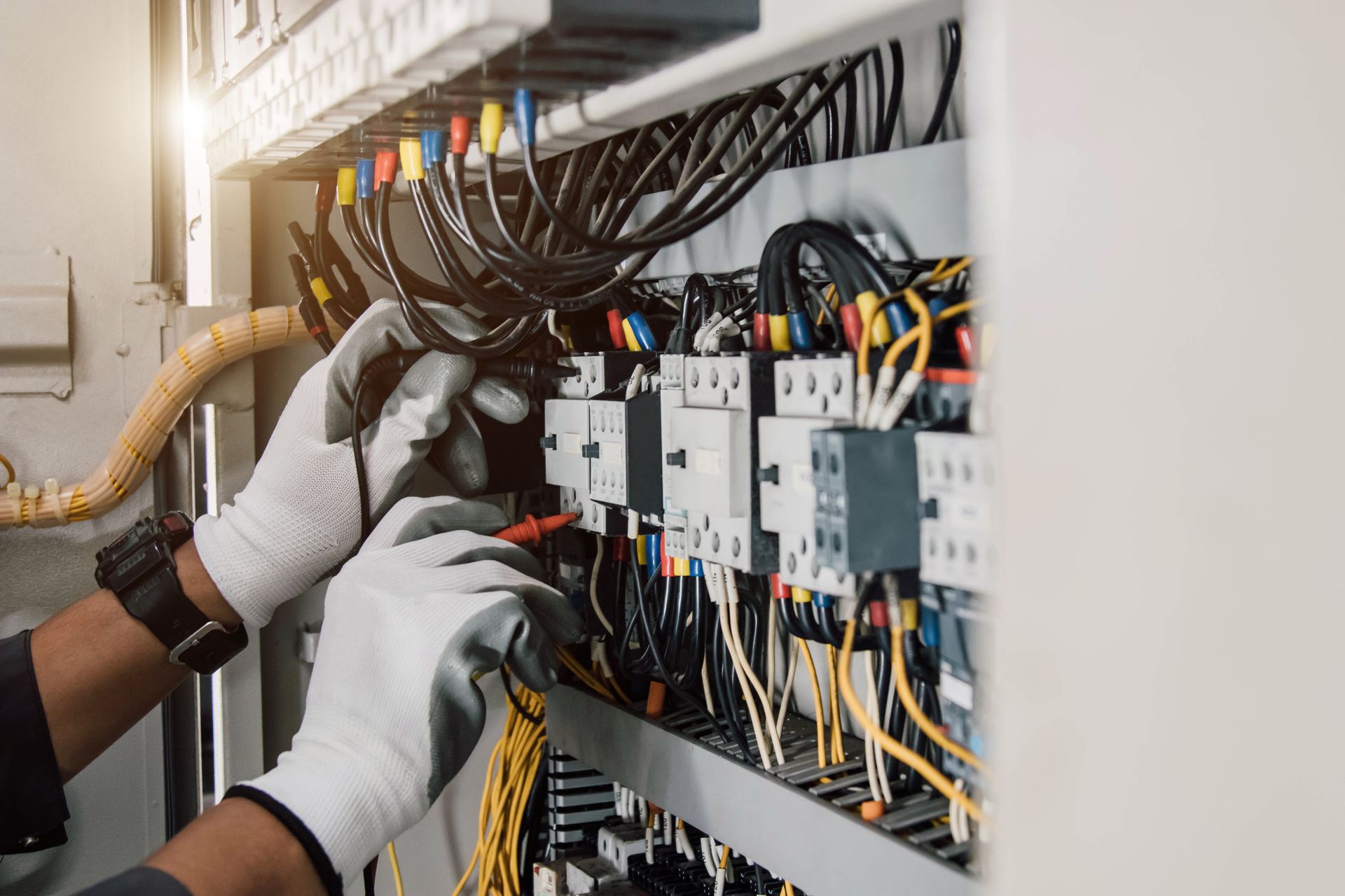 Gloved hands work on complex wiring inside an electrical panel.