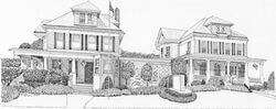 Black-and-white sketch of two Victorian-style houses with front porches and landscaped yards