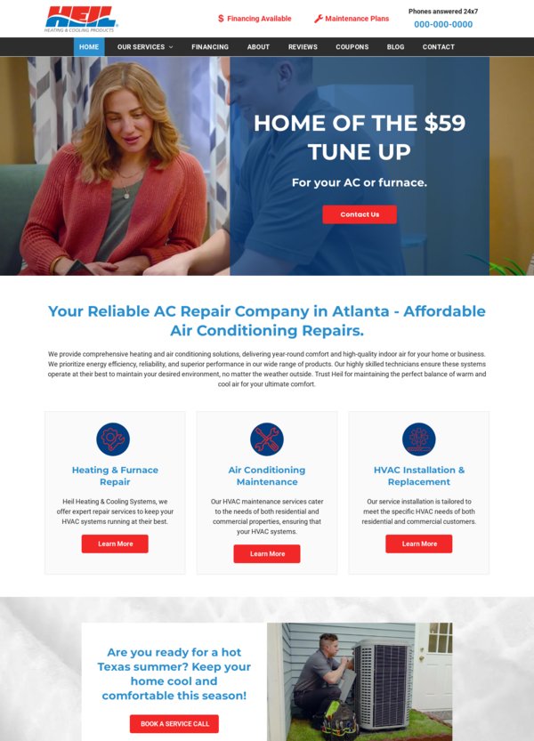 Website promoting AC repair services. Woman in red jacket, text 